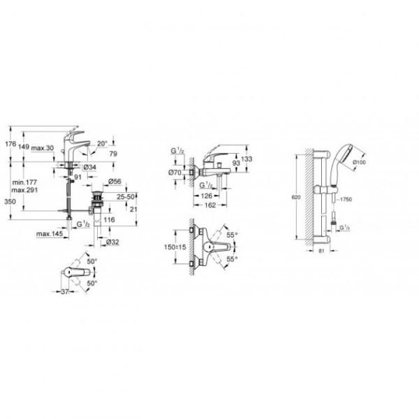Набір змішувачів для ванної Grohe Curve з душовим гарнітуром New Tempesta Classic, хром (UA122217S0A)