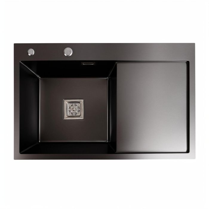 Кухонная мойка Platinum Handmade 78*50В PVD из нержавеющей стали 3.0 мм, 78x50x22 см, Квадратный сифон, Черная