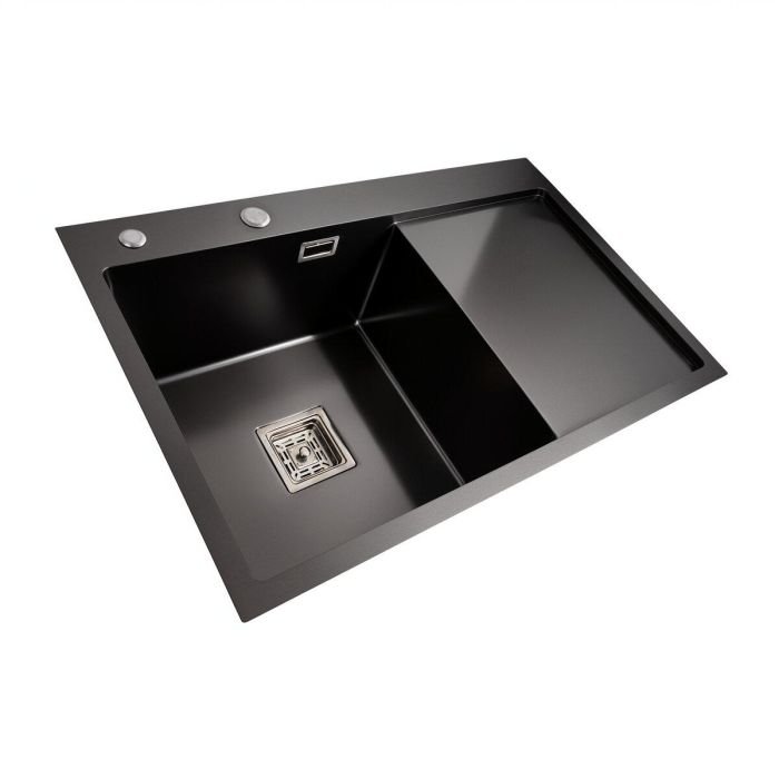 Кухонная мойка Platinum Handmade 78*50В PVD из нержавеющей стали 3.0 мм, 78x50x22 см, Квадратный сифон, Черная