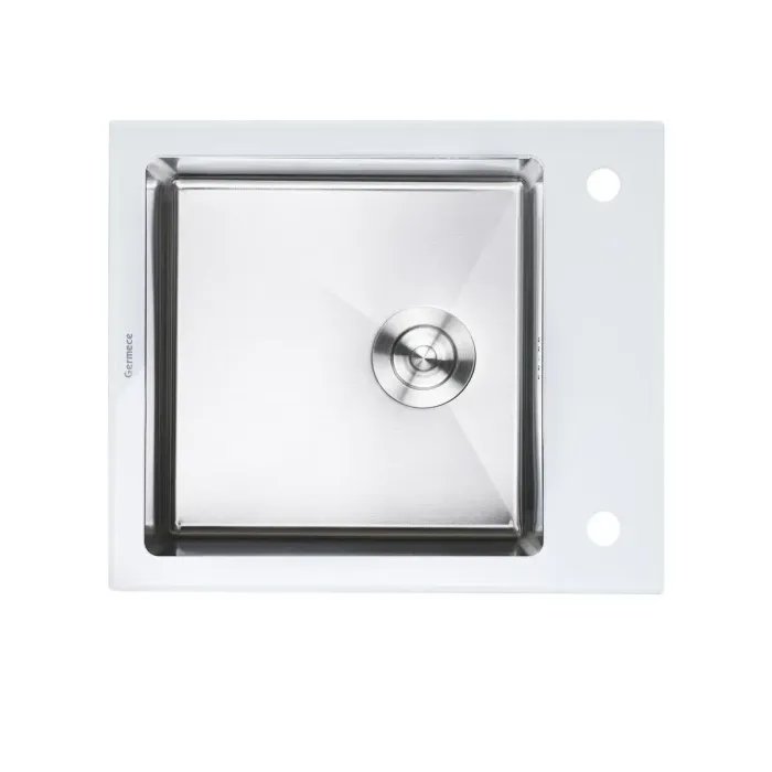 Кухонная стеклянная мойка Germece Handmade White Glass из нержавеющей стали 3 мм, 60x51x20 см, Прямоугольная