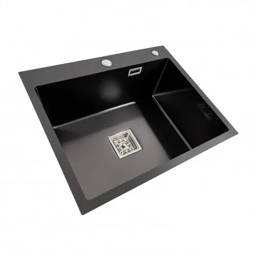 Кухонная мойка Platinum Handmade PVD из нержавеющей стали 1,0 мм, 60x50x23 см, Квадратный сифон, Черная HSB