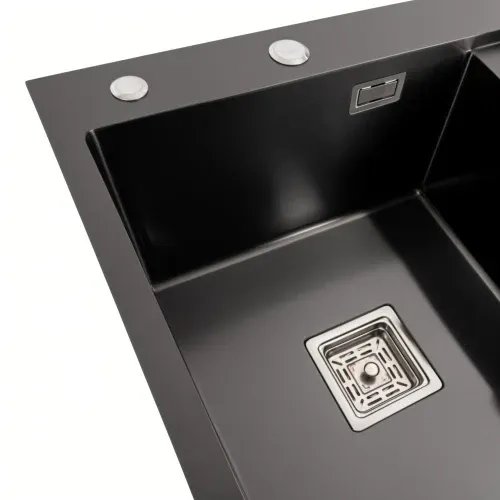 Кухонная мойка Platinum Handmade PVD L из нержавеющей стали 1.0 мм, 65x50x23 см, Квадратный сифон, Черная