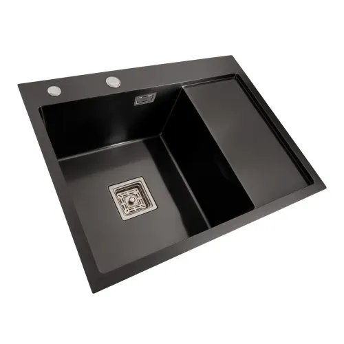 Кухонная мойка Platinum Handmade PVD L из нержавеющей стали 1.0 мм, 65x50x23 см, Квадратный сифон, Черная