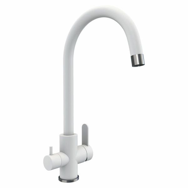 Смеситель под фильтр Platinum 8204 HDF поворотный, двухрычажный из нержавеющей стали, Белоснежный