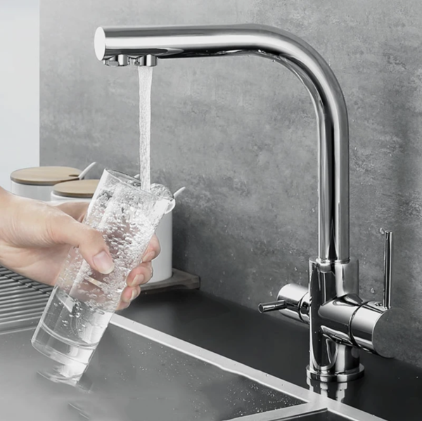 Смеситель с функцией фильтра Platinum KT 8201 (8626) поворотный, двухрычажный из нержавеющей стали, Серый