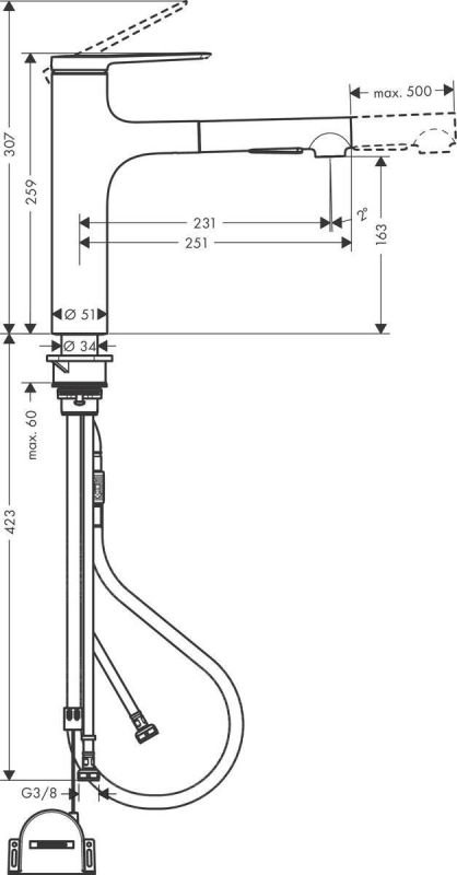 Змішувач Hansgrohe Zesis M33, для кухні з висувним виливом, 25,9х23,1 см, Хром (74804000)