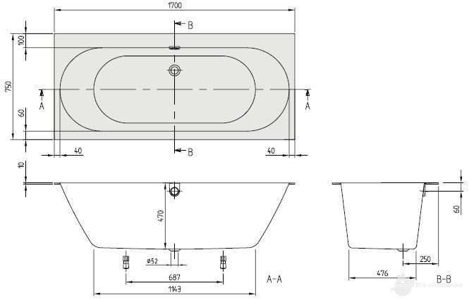 UBQ170OBR2DV-01 VILLEROY&BOCH Ванна квариловая 170х75 прямоугольная, с ножками и сливом- переливом, белая
