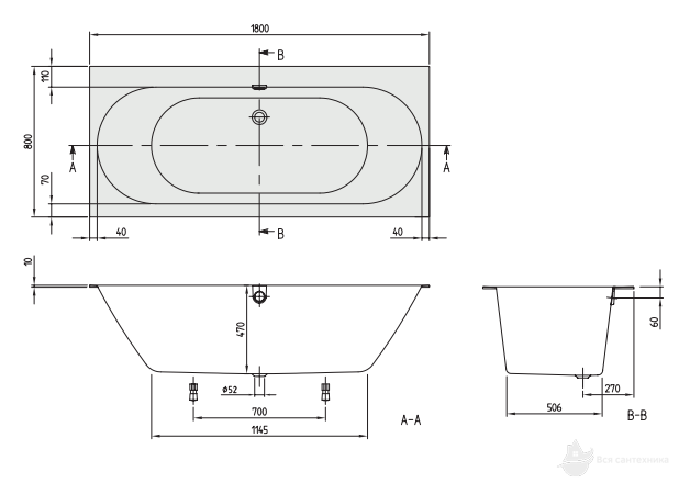 UBQ180OBR2DV-01 VILLEROY&BOCH Ванна квариловая 180х80 прямоугольная, с ножками и сливом- переливом, белая